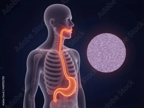Obraz 人体解剖図の食道と胃 オレンジ色で強調表示された消化器系 青色の背景を持つ医療イラスト