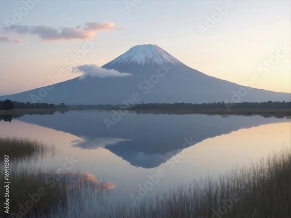Obraz 穏やかな湖に映る雪を頂いた富士山 薄明の空 晴れた日の静かな風景
