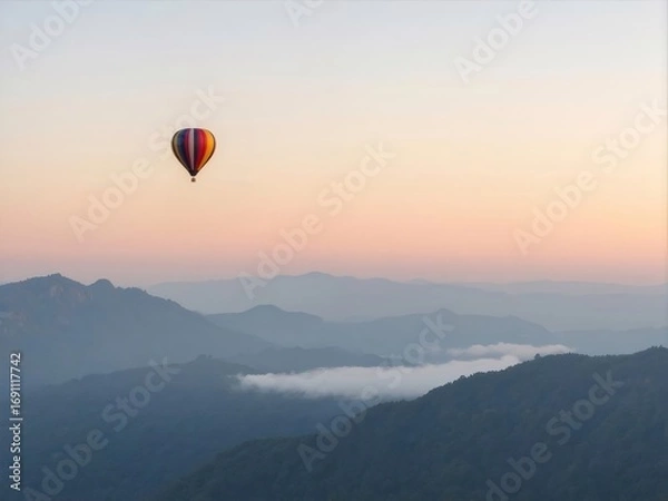 Fototapeta Sunrise Hot Air Balloon Floating Over Layered Mountain Ranges in Blue Pink Sky