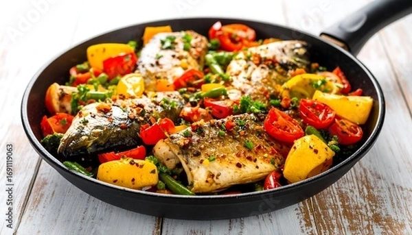 Obraz Pan-seared fish with colorful vegetables