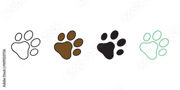 Fototapeta Minimalist Paw Print Icon Set – Pet, Animal, and Wildlife Symbols in Flat, Outline, and Color Variants for Veterinary UI, Pet Apps, and Nature-Themed Graphic Design