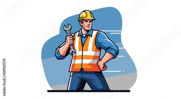 Fototapeta Construction Worker with Helmet and Tools Vector Illustration