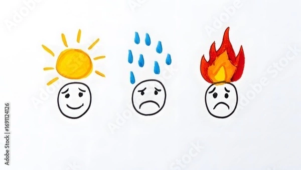 Fototapeta Cute Hand-Drawn Emotion Faces – Doodle-Style Set of Simple Round Faces Showing Happy, Sad, Angry, and Surprised Expressions