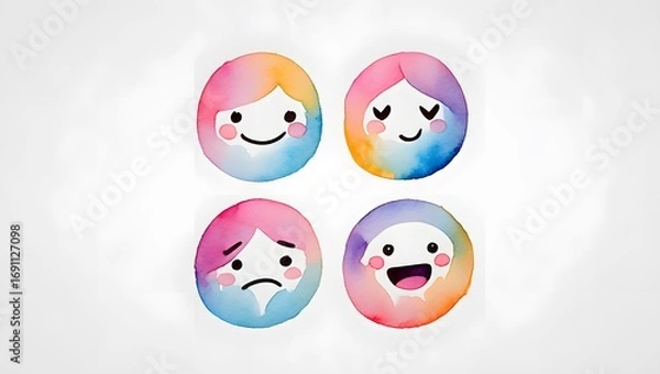 Fototapeta Cute Hand-Drawn Emotion Faces – Doodle-Style Set of Simple Round Faces Showing Happy, Sad, Angry, and Surprised Expressions