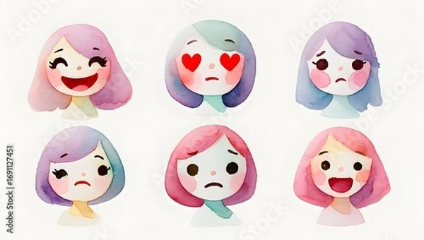 Fototapeta Cute Hand-Drawn Emotion Faces – Doodle-Style Set of Simple Round Faces Showing Happy, Sad, Angry, and Surprised Expressions