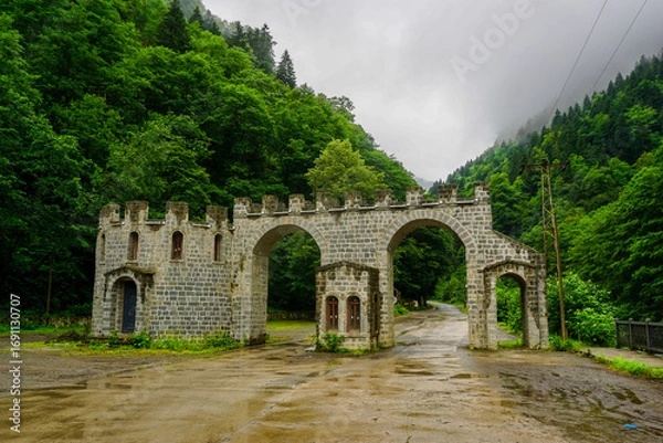 Obraz Stuning forest and river views of Karadeniz Black Sea region of Northern Turkey Camlihemsin Cat Village in Rize Turkey