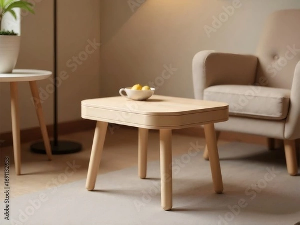 Fototapeta 柔らかい照明のリビングルームで木製のテーブルとアームチェア インテリアシーン