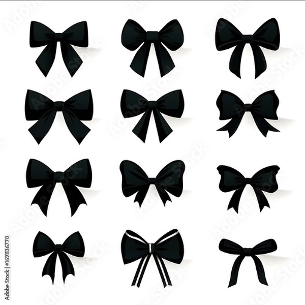 Obraz Black Bow Silhouettes and Decorative Ribbon Designs in Flat Vector illustration on white background