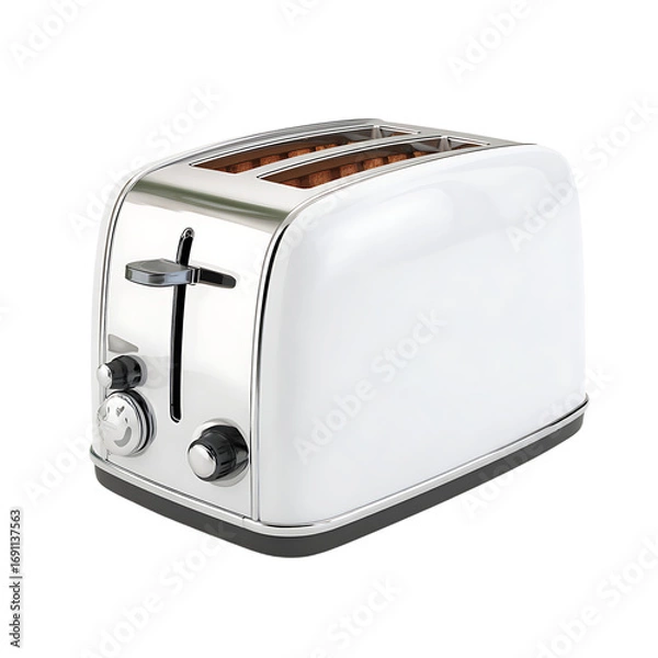 Fototapeta Shiny white toaster sits against a white background ready to toast bread for breakfast Kitchen appliance sits unused on the counter
