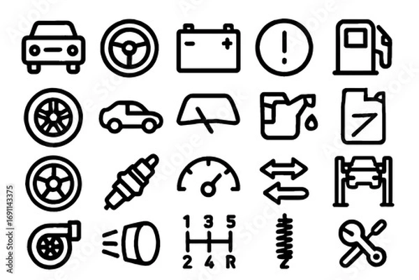 Obraz Essential car service icons for auto repair or maintenance, simple automotive symbols set for website or app