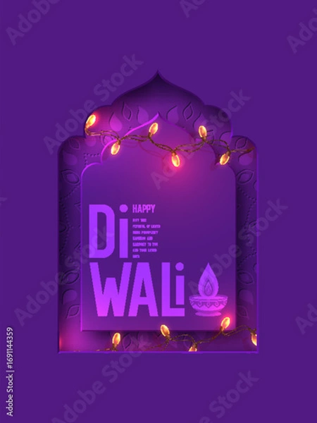 Fototapeta Happy Diwali Festival of Lights greeting card with glowing diya lamps and garlands in 3D layered purple arch with mandala pattern, festive background for holiday celebration. Vector illustration.