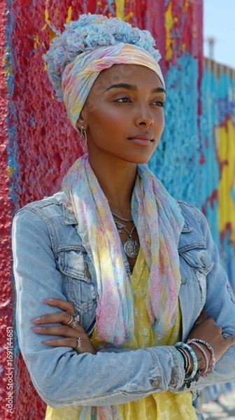 Fototapeta A woman wearing a colorful scarf and a denim jacket stands in front of a colorful wall. The scarf is multi-colored and the jacket is blue. The woman is confident and proud of her outfit