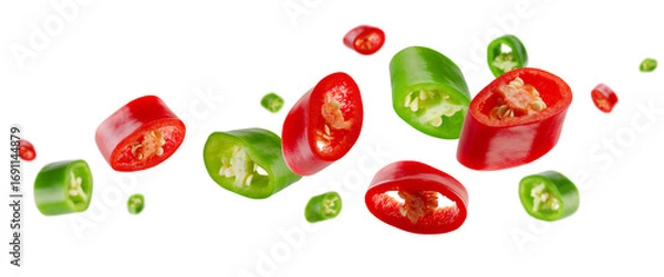 Fototapeta Mixed slices of green and red hot chili peppers flying and levitating in space. Isolated on white