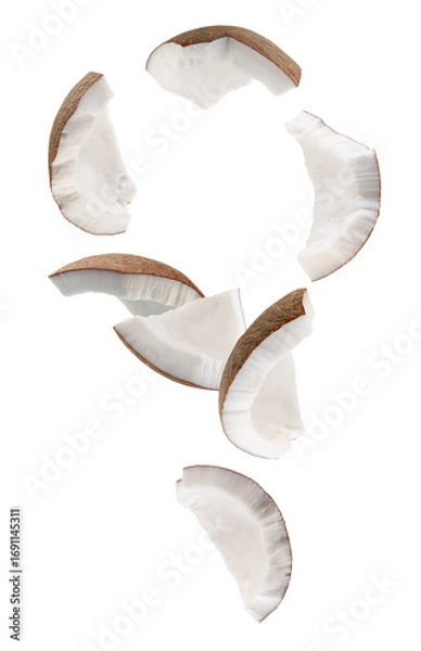 Fototapeta Pieces of coconut form an unusual figure in space. Isolated on white