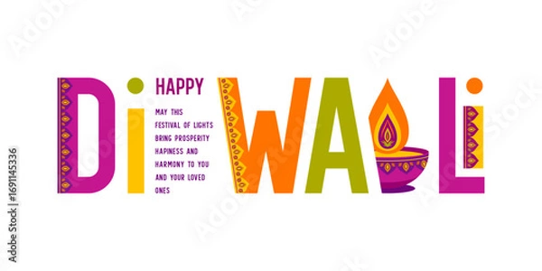 Fototapeta Diwali colorful typography with Diya lamp and pattern decoration on white background, festive design for Happy Diwali celebration greeting card and banner. Vector illustration