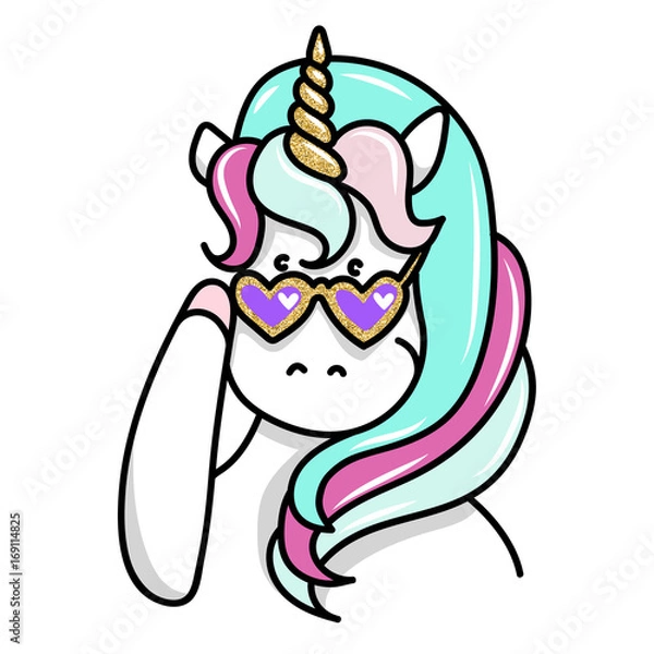 Obraz Hand drawn illustration of magic unicorn in sunglasses. Can be used for greeting, birthday and invitation card