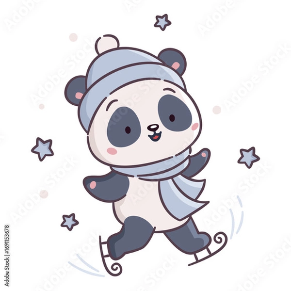 Fototapeta Vector illustration in a simple kawaii style on a white background. A cute panda skating in a winter hat. . Vector illustration