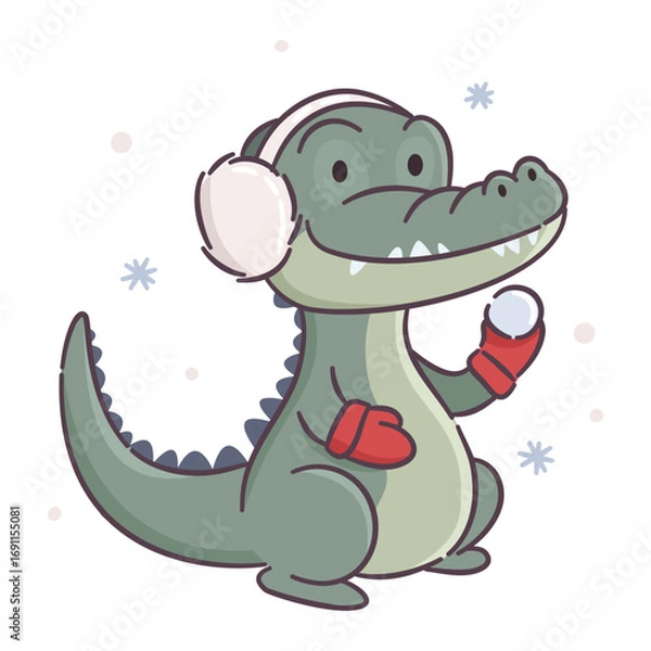 Fototapeta Vector illustration in a simple kawaii style on a white background. A cute crocodile plays snowballs wearing winter headphones. Vector illustration