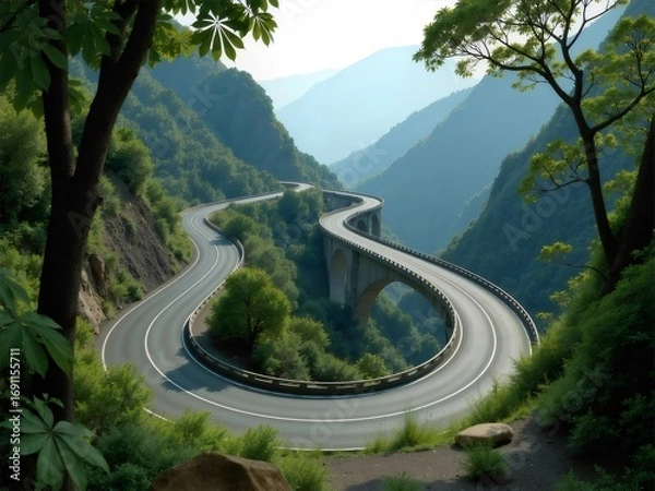 Obraz 緑豊かな山岳地帯を蛇行する道路と橋 緑の木々がフレームを彩る 美しい自然の風景