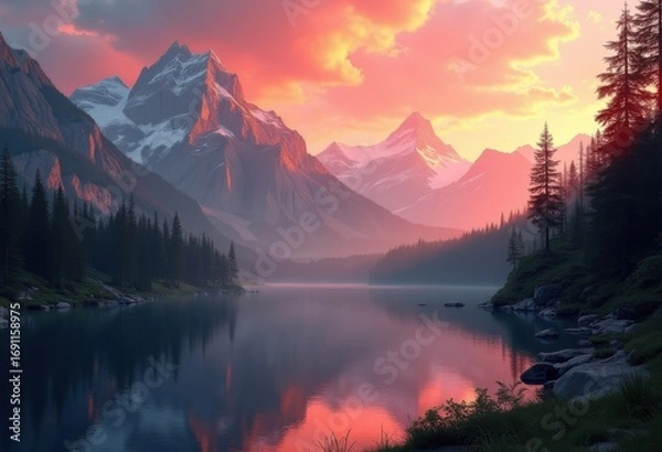 Fototapeta breathtaking sunset glow over majestic mountain peaks illuminating serenity grandeur, nature, landscape, sky, cloud, horizon, outdoors, scenic, dusk, ridge