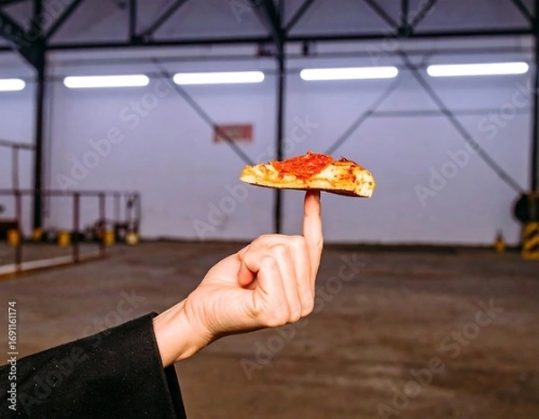 Obraz Pizza slice balanced on a finger