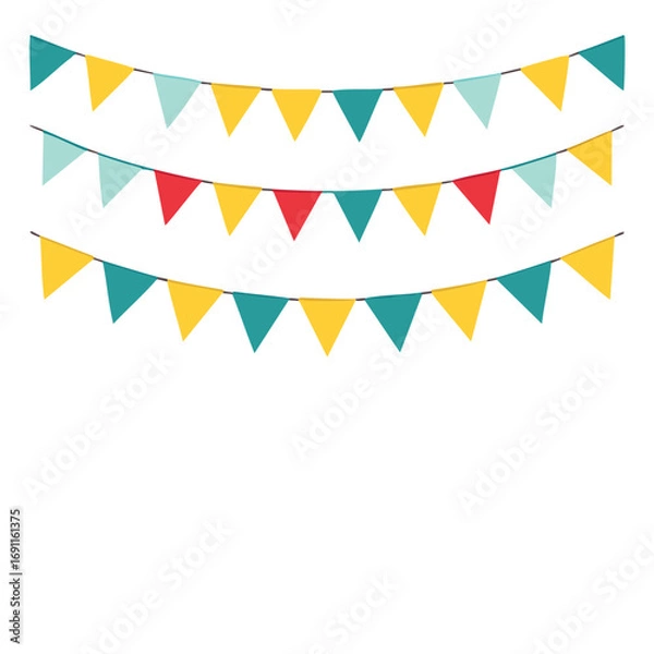 Fototapeta Festive colorful triangular bunting flags strung across white background vector