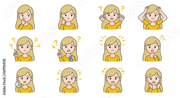 Fototapeta Cartoon woman with various expressions and emotions, wearing a yellow shirt isolated on white background, showcasing a range of feelings
