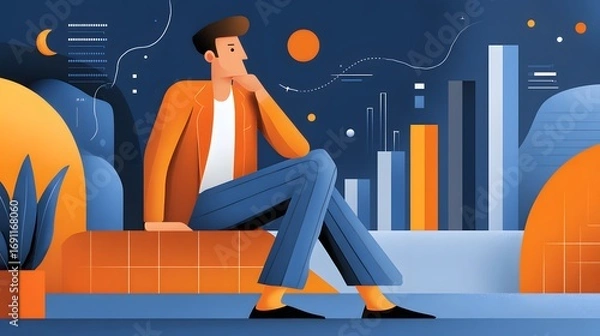 Fototapeta Contemporary Man Sitting Thoughtfully on a Couch in a Modern Urban Setting with Analytics Graphics