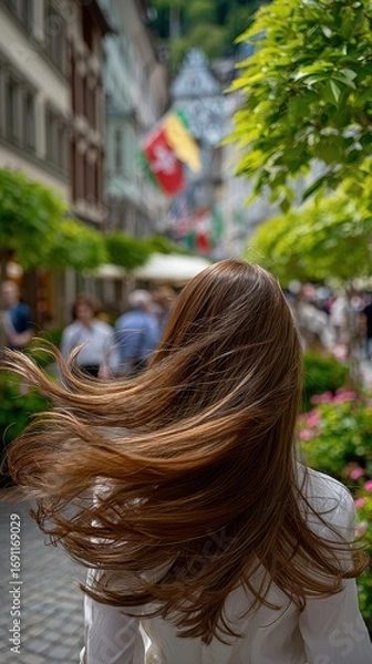 Fototapeta A woman with long brown hair is walking down a street with a flag in the background. The flag is red, white, and green. The woman's hair is blowing in the wind, giving the scene a lively