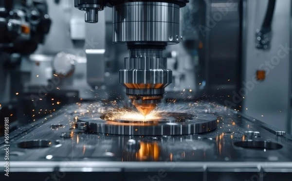 Obraz 精密加工における金属ワークピースへの旋盤加工のクローズアップ 金属加工における高精度機械加工の輝く火花