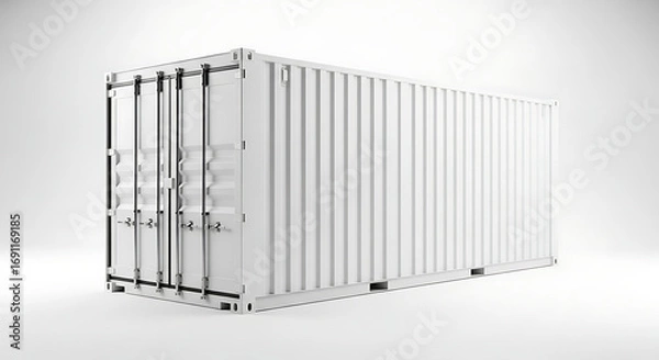 Fototapeta White Shipping Container in Minimal Setting Featuring Corrugated Metal Surface, Double Doors, Industrial Design, and Global Logistics Utility, 8K image 