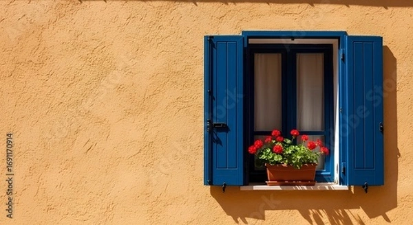 Fototapeta A charming blue window with open shutters and a vibrant red geranium flower pot against a rustic yellow ochre stucco wall, evoking Mediterranean charm