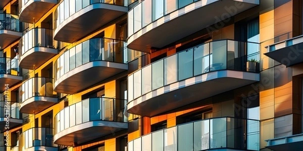 Fototapeta Modern urban apartment complex with glass balconies and geometric architectural elements