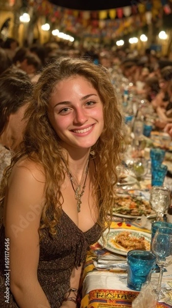 Fototapeta A woman is smiling at the camera while sitting at a table with a group of people. The table is set with plates of food, wine glasses, and cups. The atmosphere seems to be lively and social