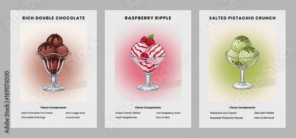 Fototapeta Set of Gourmet Ice Cream Posters for Menus - Chocolate, Raspberry, and Pistachio Flavors