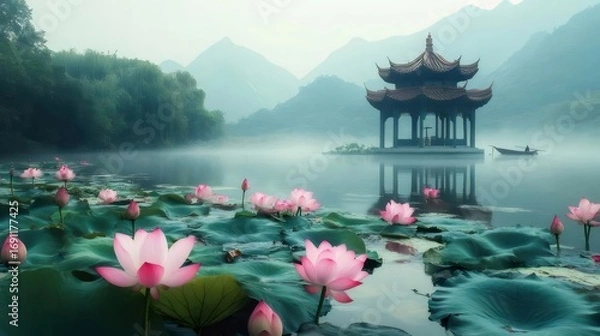 Fototapeta 静かな湖の蓮の花と東屋と山々の風景 穏やかな霧の朝の自然