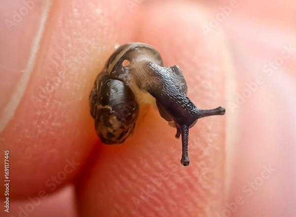 Fototapeta Small snail with a spiral shell on a human hand