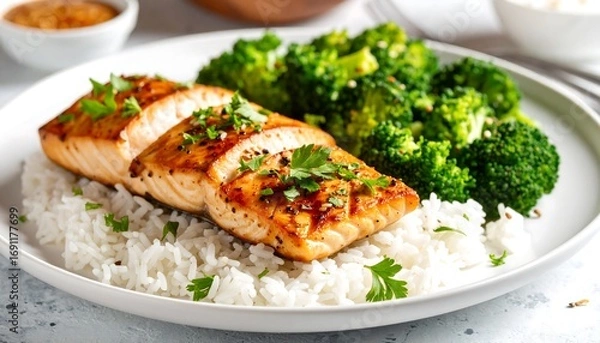 Obraz Plated salmon, rice, and broccoli
