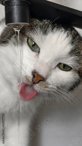 Fototapeta Cat is drinking water from a tap