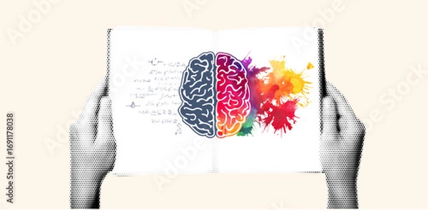 Fototapeta Hands Holding an Open Book with Watercolor Brain Illustration Symbolizing Knowledge, Creativity, Psychology