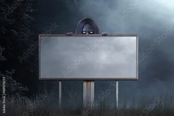 Fototapeta Mysterious figure with glowing eyes behind blank billboard in dark foggy forest