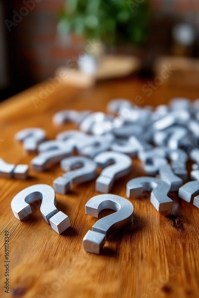 Fototapeta Scattered silver question marks on wooden table symbolizing curiosity and inquiry