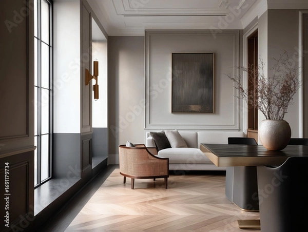 Fototapeta Aesthetic beautiful elegant  modern luxury interior design. Clear mock up empty wall for decoration in the apartment, painting frame. Copy space in the room.