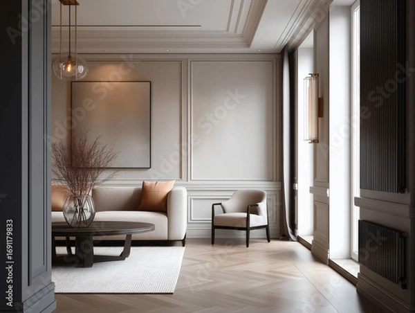 Fototapeta Aesthetic beautiful elegant  modern luxury interior design. Clear mock up empty wall for decoration in the apartment, painting frame. Copy space in the room.