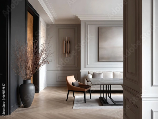 Fototapeta Aesthetic beautiful elegant  modern luxury interior design. Clear mock up empty wall for decoration in the apartment, painting frame. Copy space in the room.