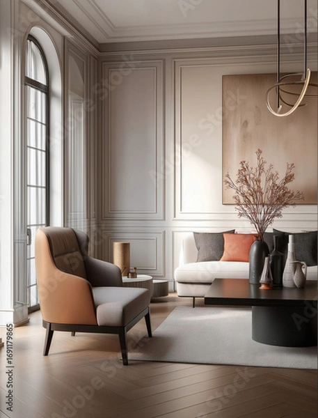 Fototapeta Aesthetic beautiful elegant  modern luxury interior design. Clear mock up empty wall for decoration in the apartment, painting frame. Copy space in the room.