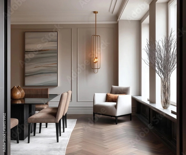 Fototapeta Aesthetic beautiful elegant  modern luxury interior design. Clear mock up empty wall for decoration in the apartment, painting frame. Copy space in the room.