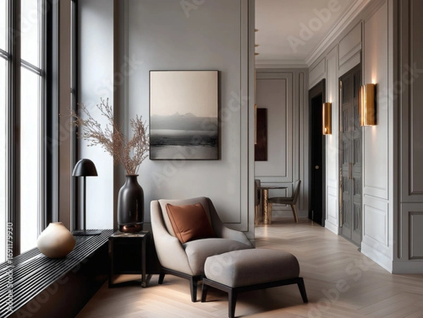 Fototapeta Aesthetic beautiful elegant  modern luxury interior design. Clear mock up empty wall for decoration in the apartment, painting frame. Copy space in the room.