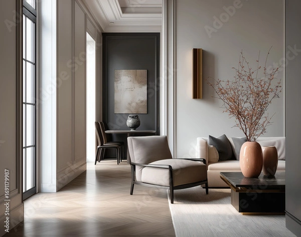 Fototapeta Aesthetic beautiful elegant  modern luxury interior design. Clear mock up empty wall for decoration in the apartment, painting frame. Copy space in the room.