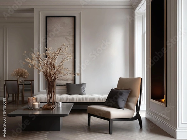 Fototapeta Aesthetic beautiful elegant  modern luxury interior design. Clear mock up empty wall for decoration in the apartment, painting frame. Copy space in the room.